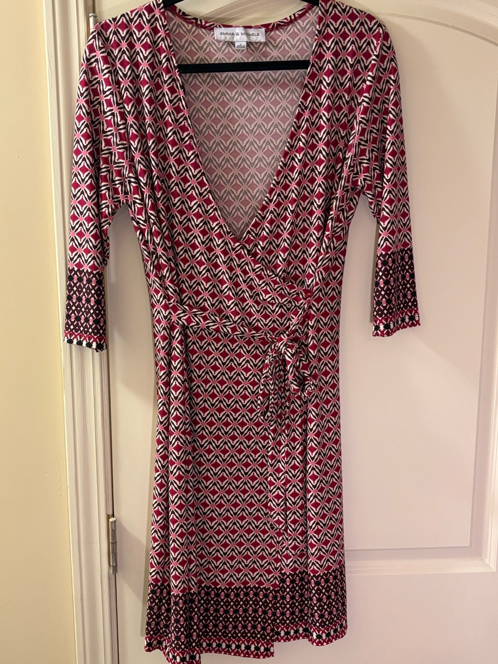 Emma & Michele Burgundy Red Black and White Geometric Wrap Midi Dress